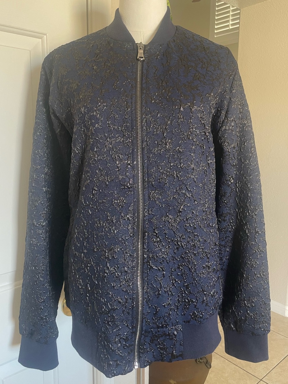 Valiant Navy Jacquard Bomber Jacket with Subtle Sheen